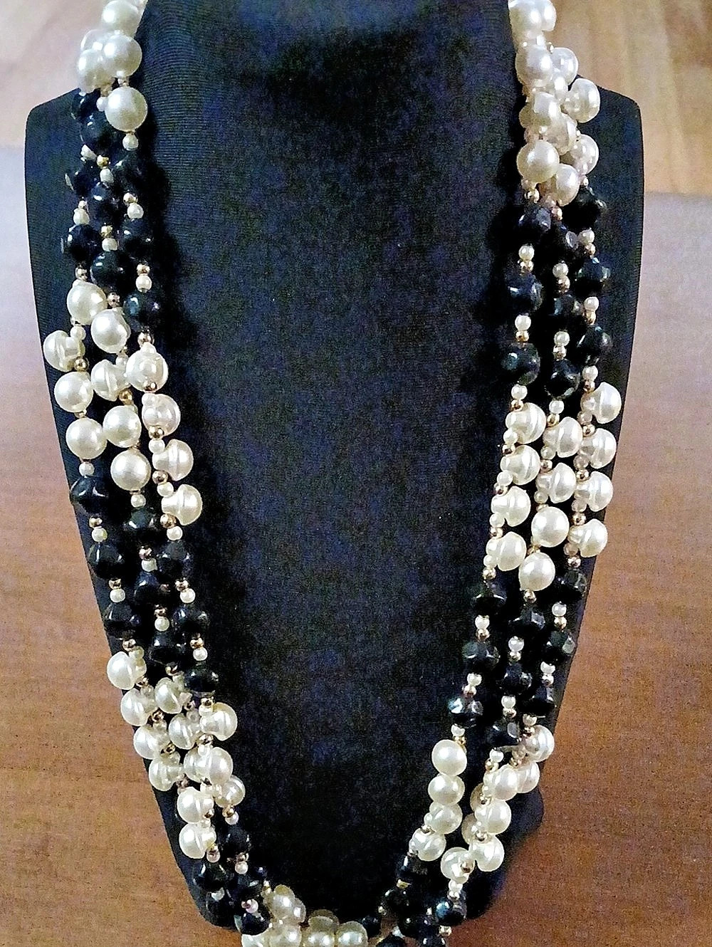 Vintage Multi-strand White , Black And Gold Beaded Statement Necklace 18"